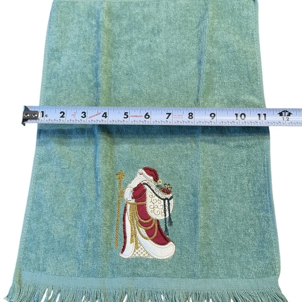 Vintage Christmas Hand Towel Sage Green Victorian Santa Embroidered Fringe 11x16
